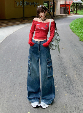 KAPOK68012复古蓝水洗工装裤牛仔裤女新款美式复古高腰直筒阔腿裤