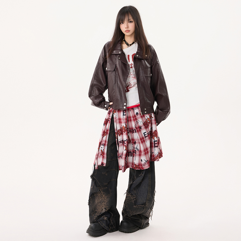 秋季百搭高级皮衣外套宽松落肩多口袋设计感潮牌夹克上衣