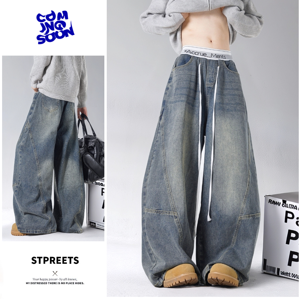 KAPOK美式高街抽绳牛仔裤男秋季潮牌百搭拖地弯刀裤子复古拼接阔