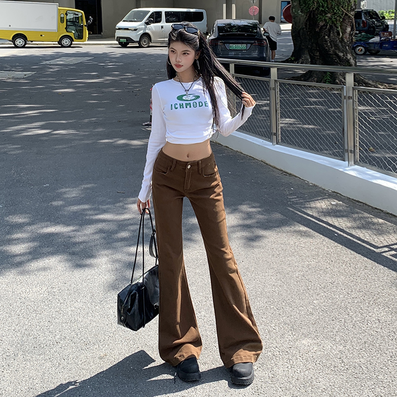 KAPOK2025新款低腰弹力咖色微喇修身牛仔裤女美式复古显瘦弹力长