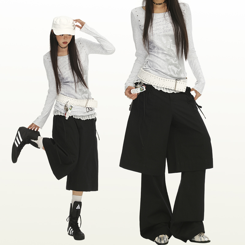 25th ootd!美式复古设计感假两件牛仔裤辣妹宽松直筒坠感长裤