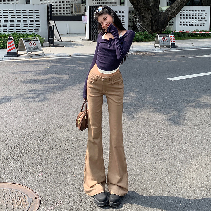 KAPOK2025新款低腰弹力咖色微喇修身牛仔裤女美式复古显瘦弹力长