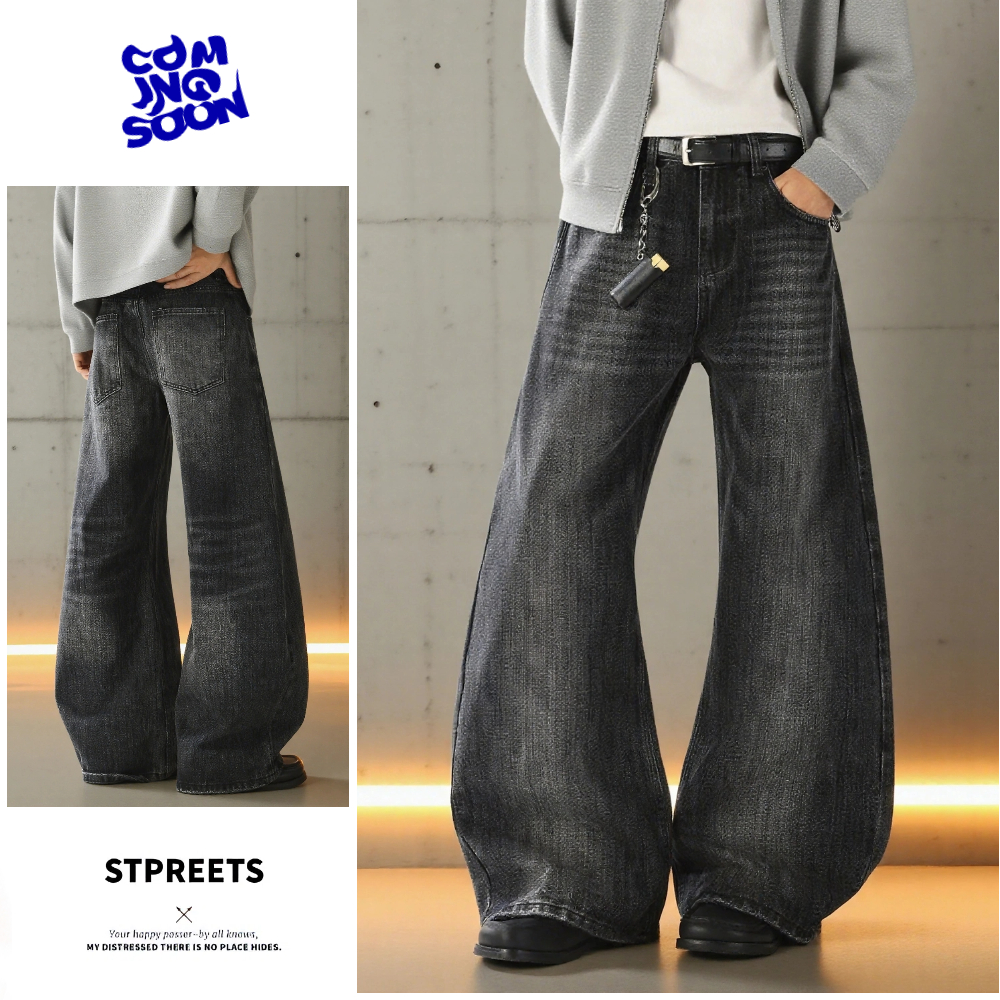 KAPOK美式复古竹节牛仔裤男款直筒宽松弯刀阔腿痞帅裤子潮流百搭