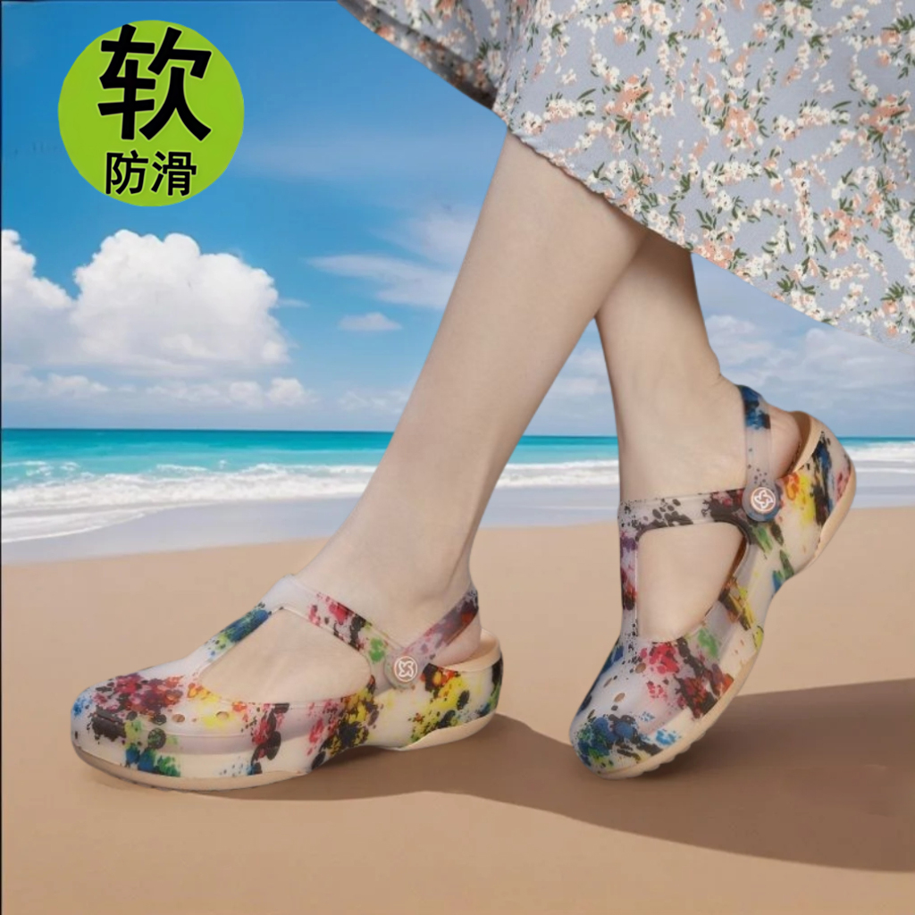 夏季果冻鞋女洞洞鞋底防滑透气舒适室外包头休闲中老年沙滩0613a