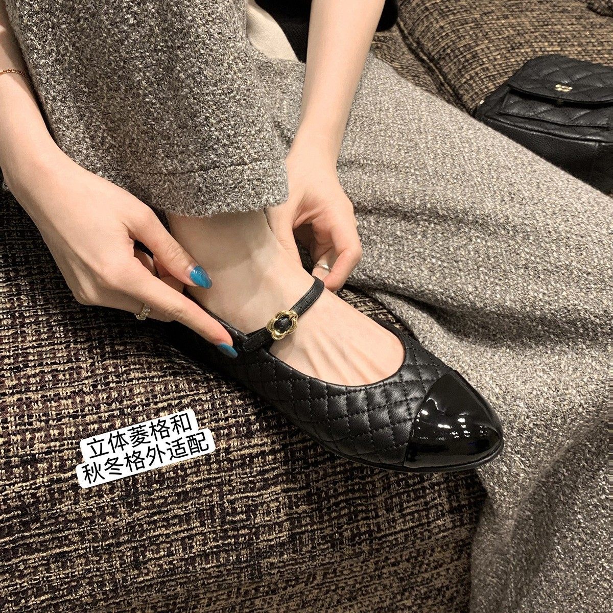 2026早春新款真皮法式菱格纹玛丽珍鞋女黑色一字扣带平底百搭单鞋,女鞋,玛丽珍鞋,淘宝优惠券,粉丝福利购,淘宝优惠卷