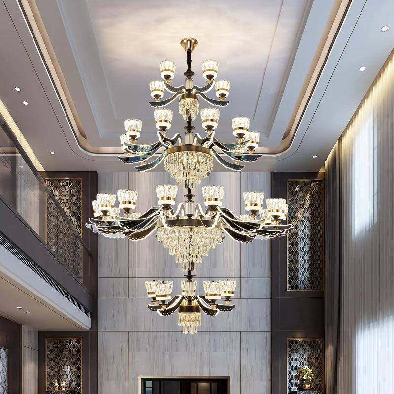 复式楼客厅大吊灯简欧别墅挑空中空臂发光新中式现代简约水晶吊灯