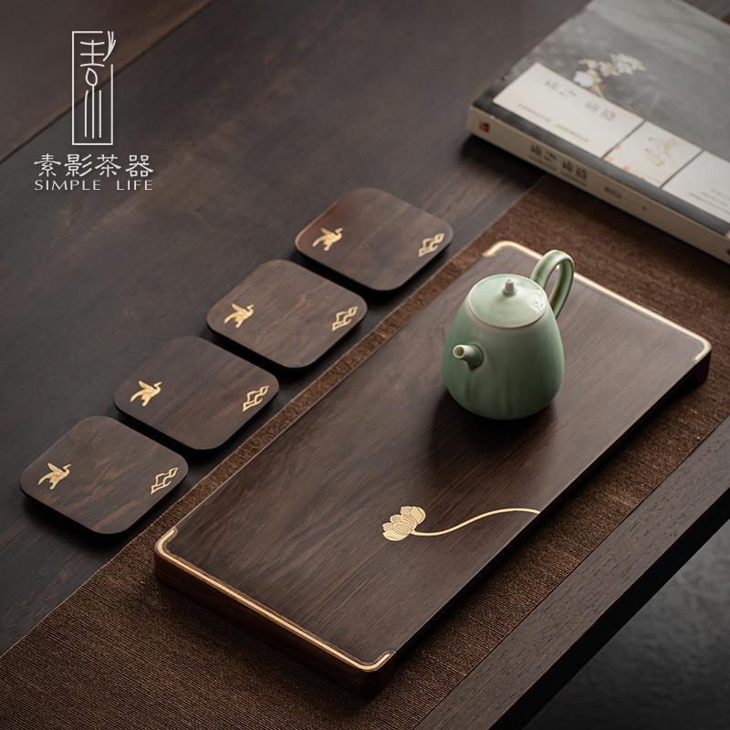 素影整块实木茶盘黑檀木镶铜小茶台茶室干泡盘简约托盘日式壶承