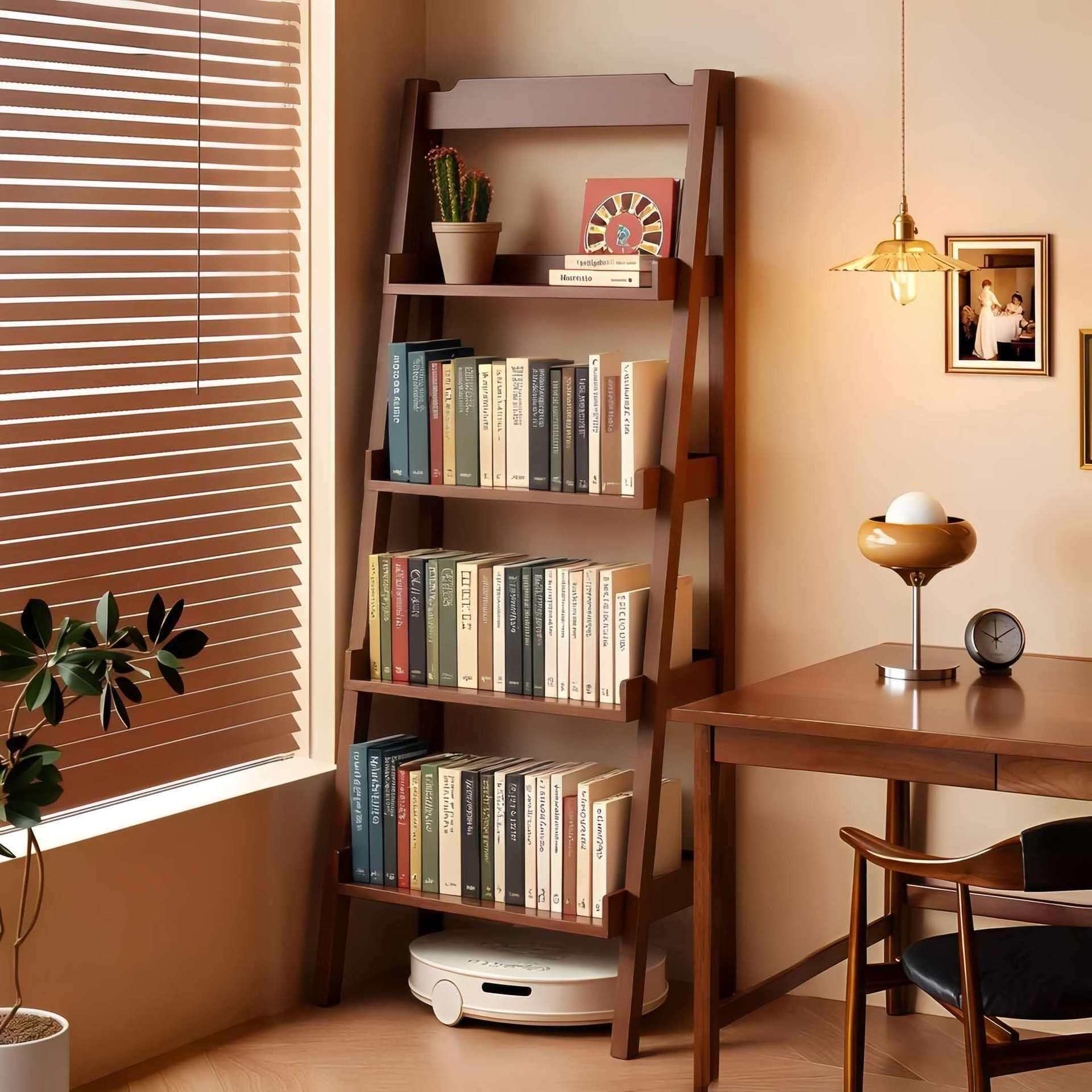 实木书架落地置物架简约客厅转角书柜阳台花架收纳一体梯形展示柜