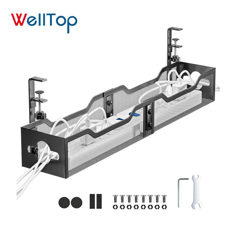 跨境双层桌下收纳挂篮新款免打孔办公室可调节桌边置物架铁艺现货