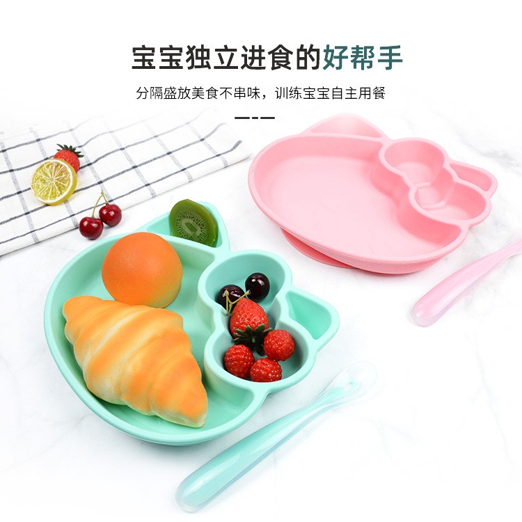 小猫硅胶餐盘 食品级硅胶一体式儿童分格餐盘 幼儿园kt猫吸盘餐盘