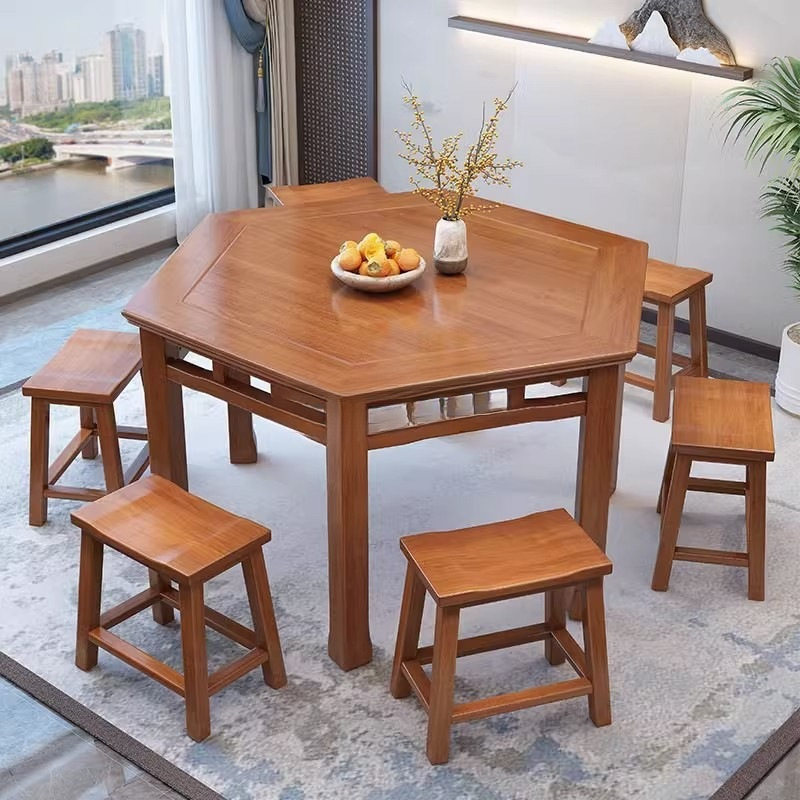 新中式实木六角岩板桌六边形桌餐桌椅子饭店用原木茶楼吃饭餐桌子