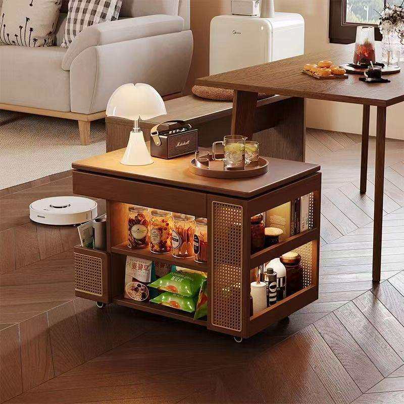 新中式实木茶几可移动家用升降边几客厅沙发测边柜中古藤编茶水柜
