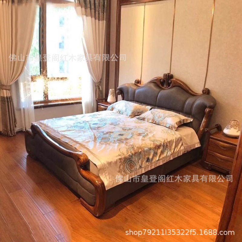 新中式乌金木真皮大床1.8米全实木主卧双人头层牛皮婚床欧式卧室