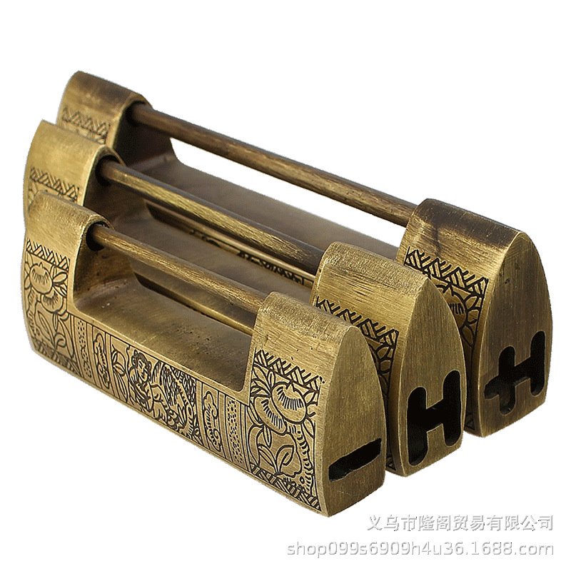 中式仿古横开挂锁箱锁纯铜柜刻花铜锁多尺寸老式小铜锁插销锁