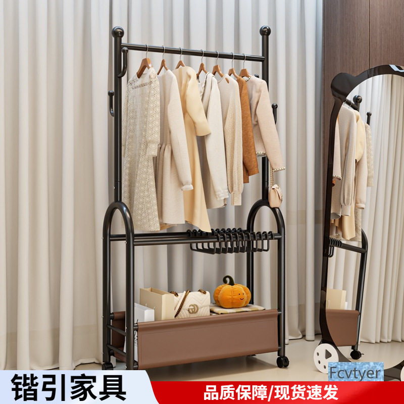 中式风落地衣帽架卧室客厅金属双层收纳挂衣架带轮移动晾衣架裤