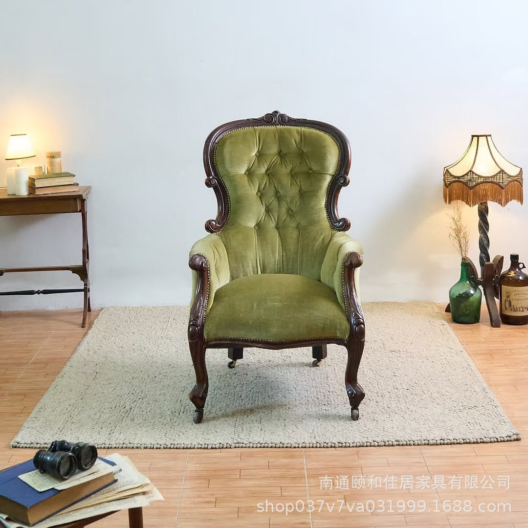 美式复古实木雕花单人沙发椅别墅客厅拉扣设计布艺休闲待客沙发