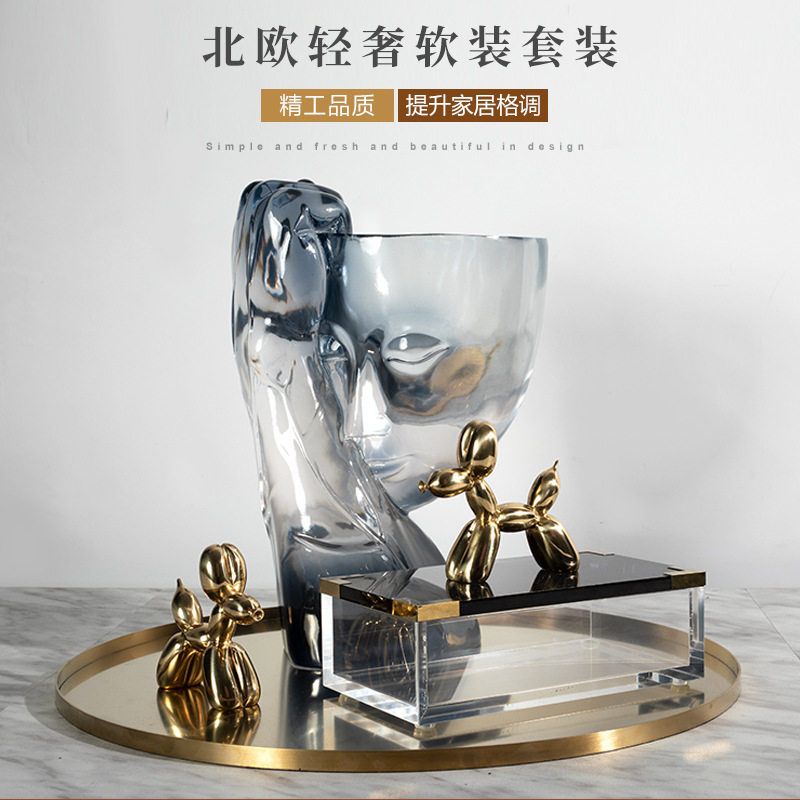 家居饰品轻奢样板房水晶首饰盒树脂人脸花器茶几托盘套装客厅摆件