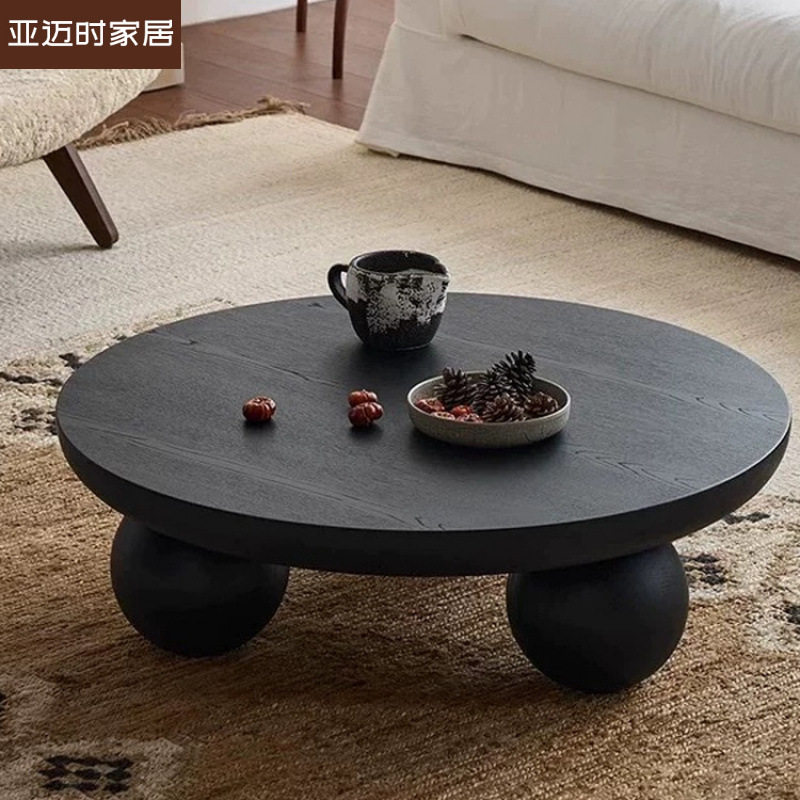 中古风黑色实木茶几客厅家用小户型现代简约轻奢高级感圆形茶几桌
