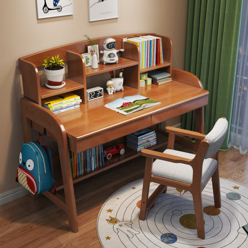 实木儿童书桌家用中小学生书架一体写字桌卧室可升降学习办公桌椅