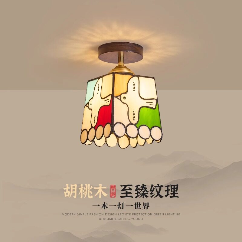 法式复古彩色玻璃吸顶灯创意和平鸽床头餐厅书房装饰氛围灯胡桃木