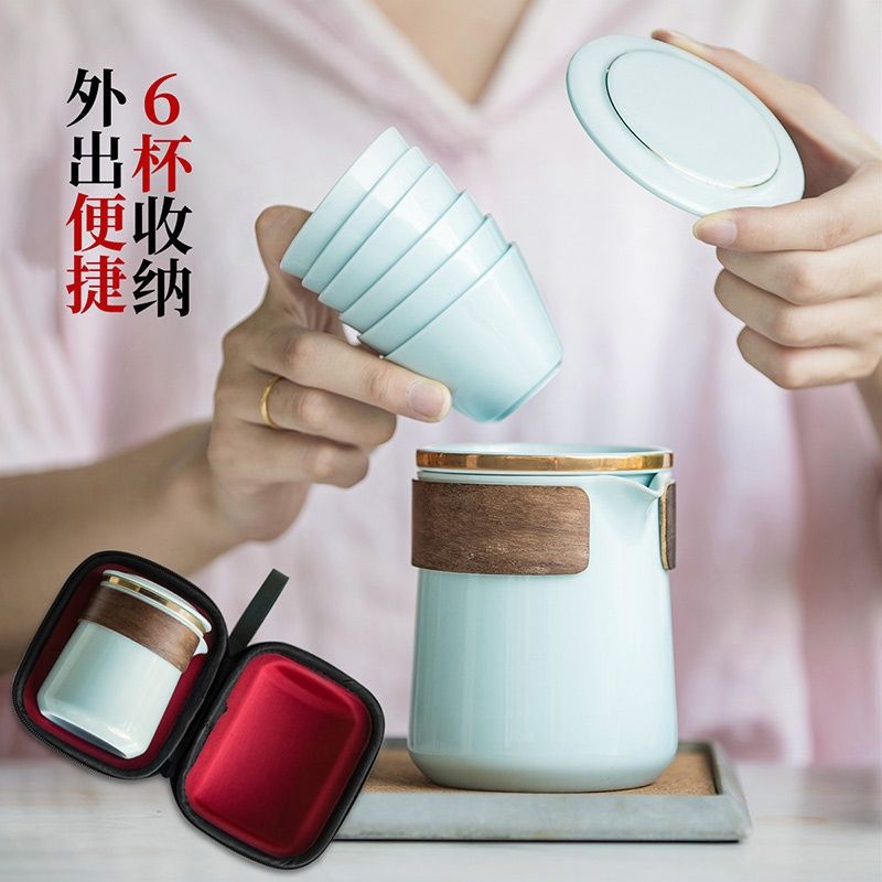影青旅行茶具套装一壶六杯陶瓷功夫快客杯户外便携式车载整套批发