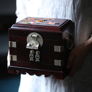 鸳鸯戏水官皮箱印度小叶紫檀木首饰盒百宝嵌红木珠宝箱收纳盒7115