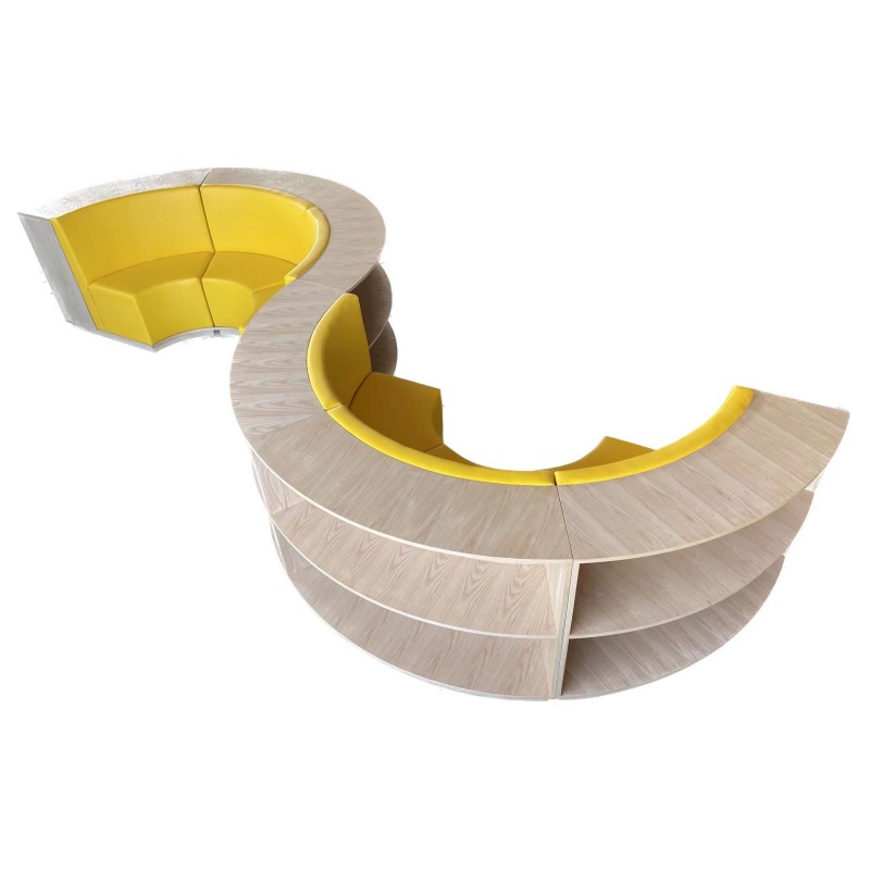 创意幼儿园阅读阅览沙发座椅S形实木多层落地书架一体卡座图书馆