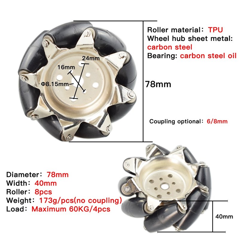60KG Heavy Load 4pcs 3inch Steel Mecanum Wheel niversal Omni