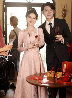 好货粉色订婚年会晚宴礼服裙春秋季长袖敬酒服新娘伴娘服高端轻奢