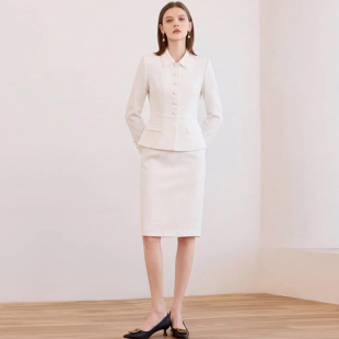 显瘦女神范正装 春季 修身 优雅高级感白色小翻领职业女裙套装 新款