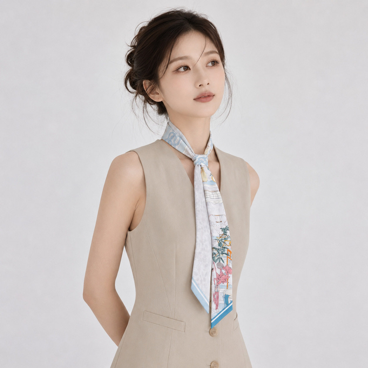 新中式博古真丝飘带女100%桑蚕丝浅蓝清供印花绑包丝巾发带领巾