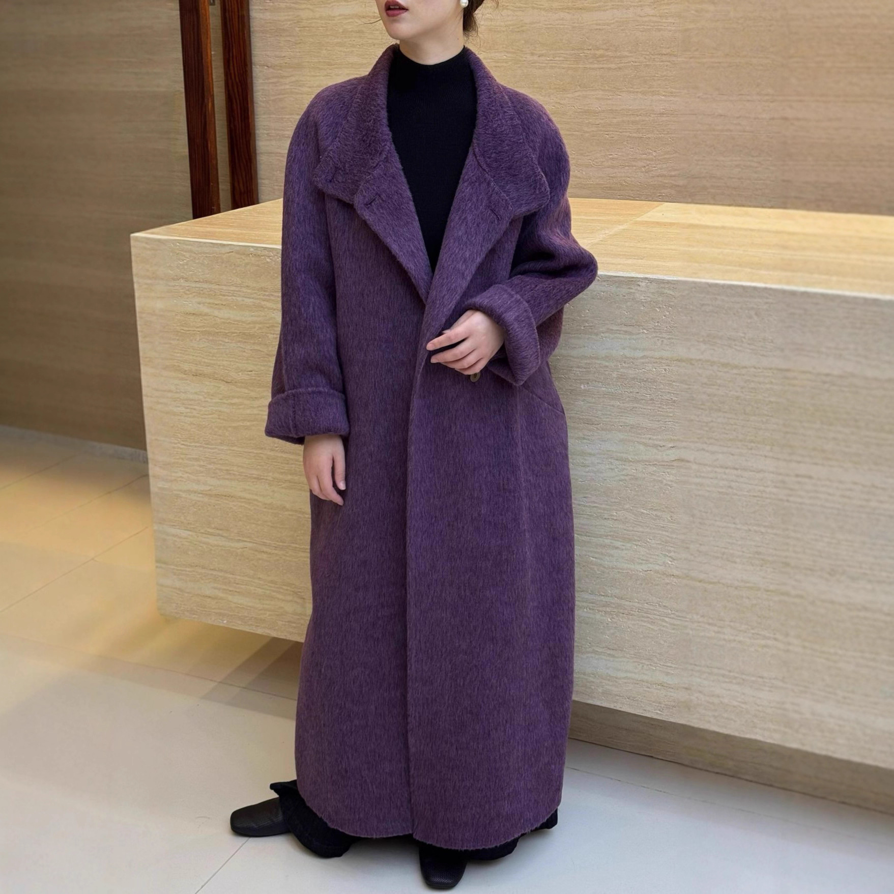 诗美双面羊毛大衣女冬日序幕加厚立领单排扣长款系带立领大版