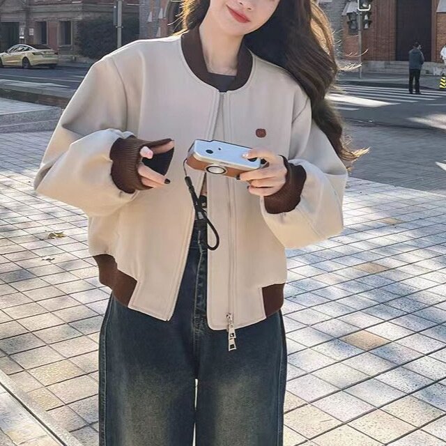 春秋韩版翻领短款宽松棒球外套女