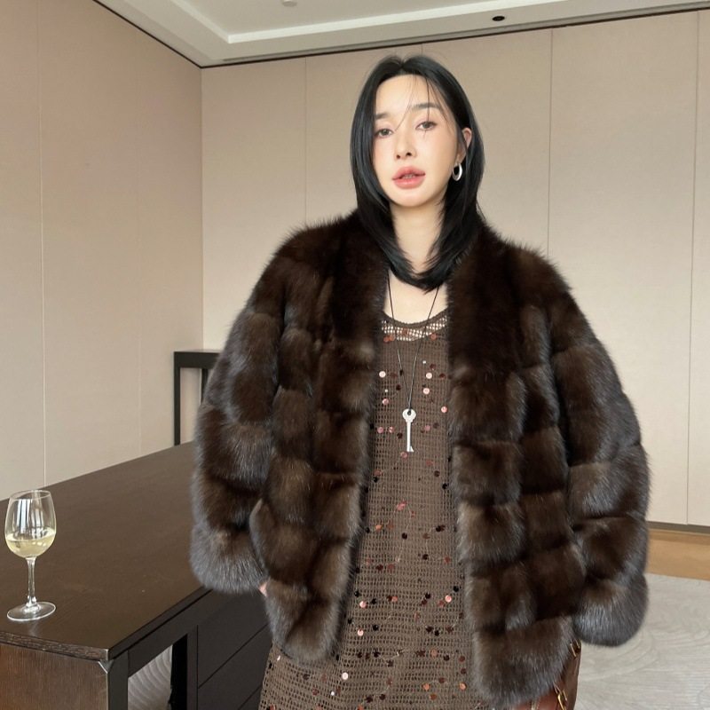 诗美海宁紫貂皮草大衣俄罗斯貂皮短款外套加厚女衣服V领农夫2025