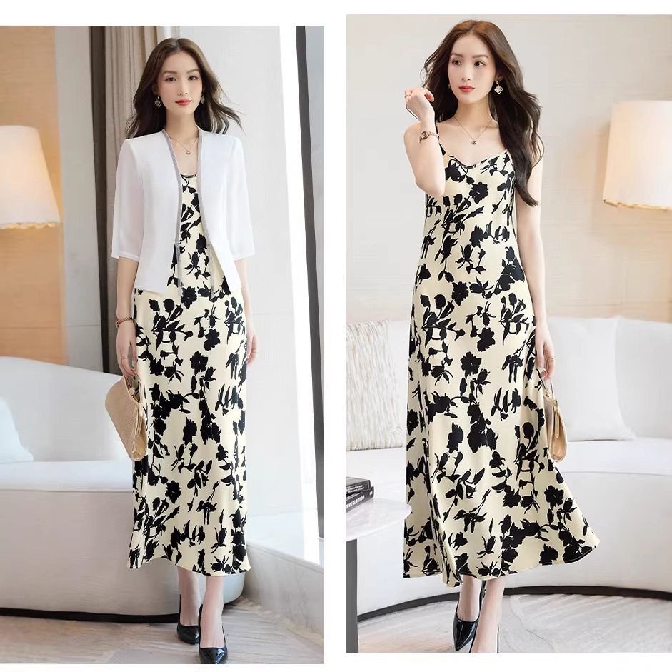流苏外套高端醋酸缎面吊带连衣裙女碎花夏季显瘦V领印花吊带长裙