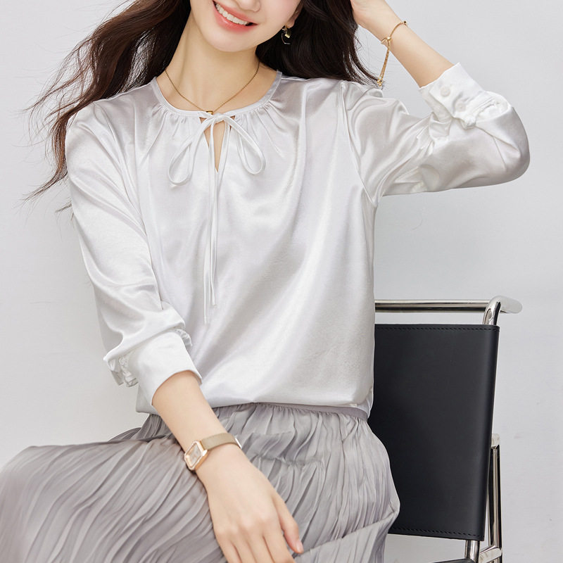 春夏轻奢缎面系带蝴蝶结通勤衬衫