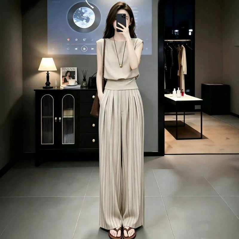 欧货时尚套装女2026新款夏感显瘦收腰上衣垂感阔腿裤两件套女