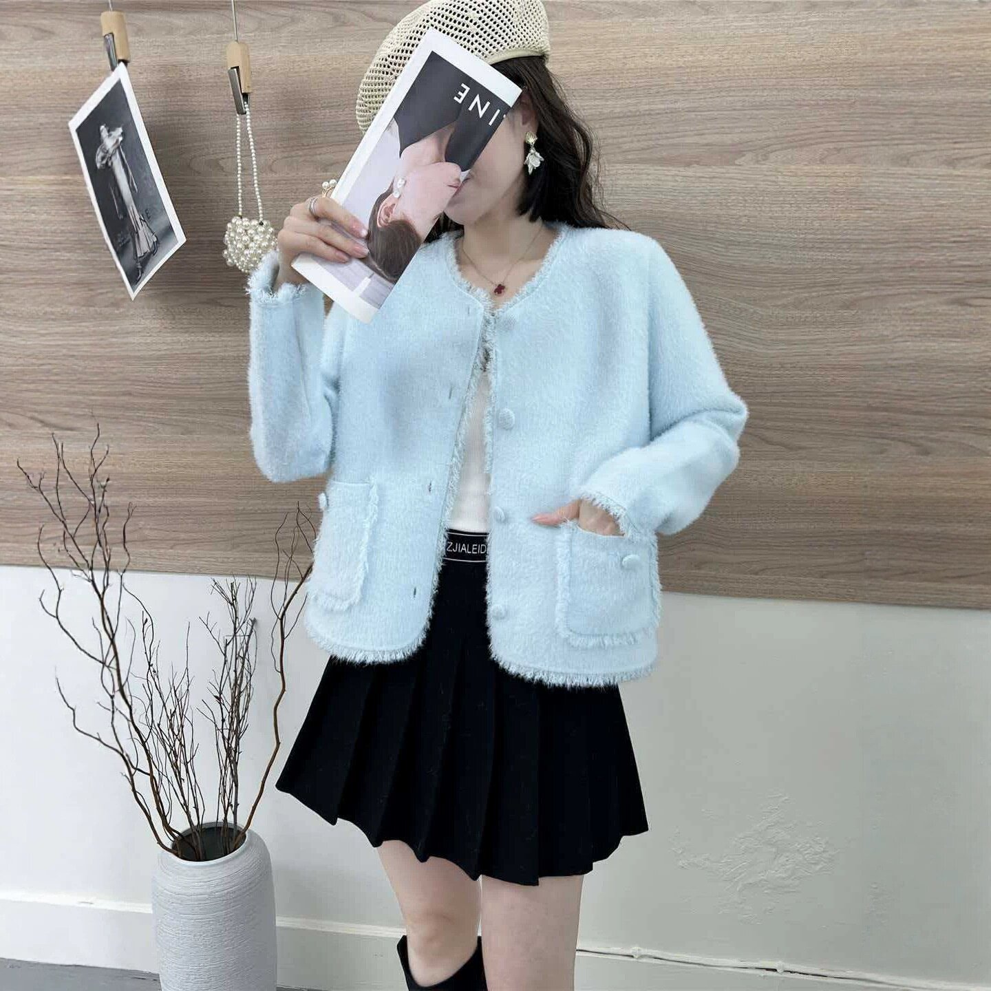 法式小香风仿水貂绒针织开衫女秋冬新款流苏毛边宽松圆领软糯毛衣