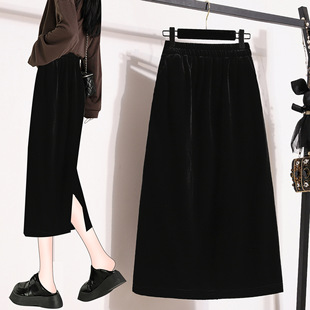 诗美实拍黑色金丝绒半身裙女2026款春秋高腰垂坠感侧开叉显瘦a字
