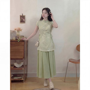 2026年春夏季新款新中式国风气质浅绿色短袖上衣吊带连衣裙两件套