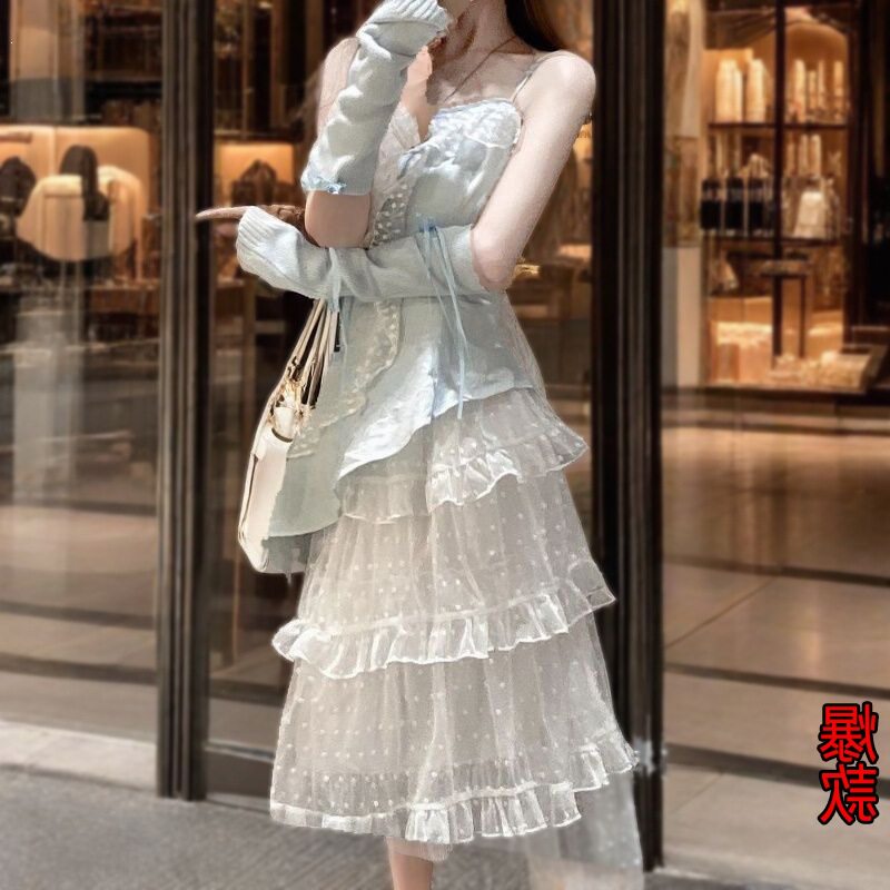 2026夏季新款韩系甜美不规则荷叶边吊带上衣连衣裙女两件套装可爱