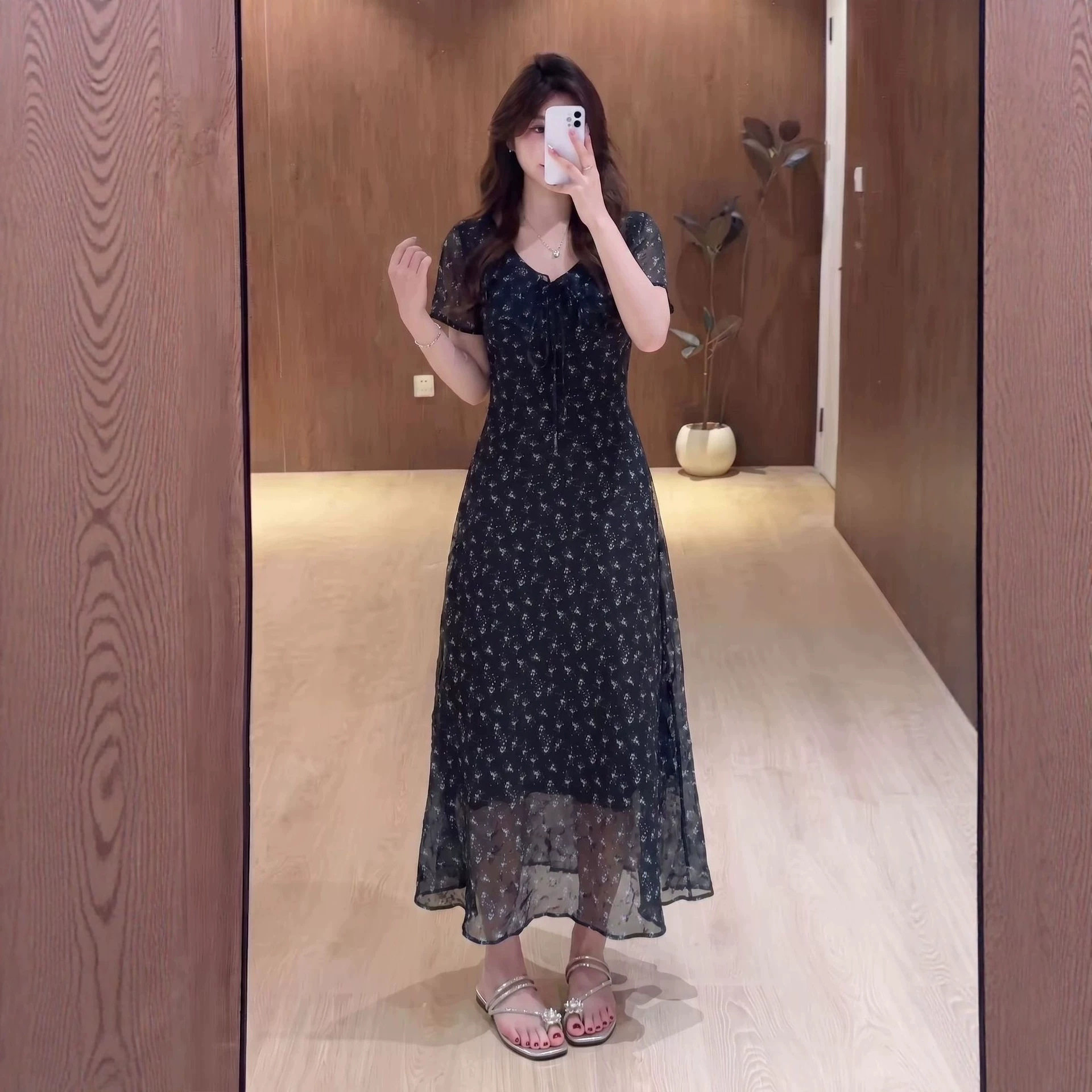夏季大码碎花泡泡袖显瘦A字裙女