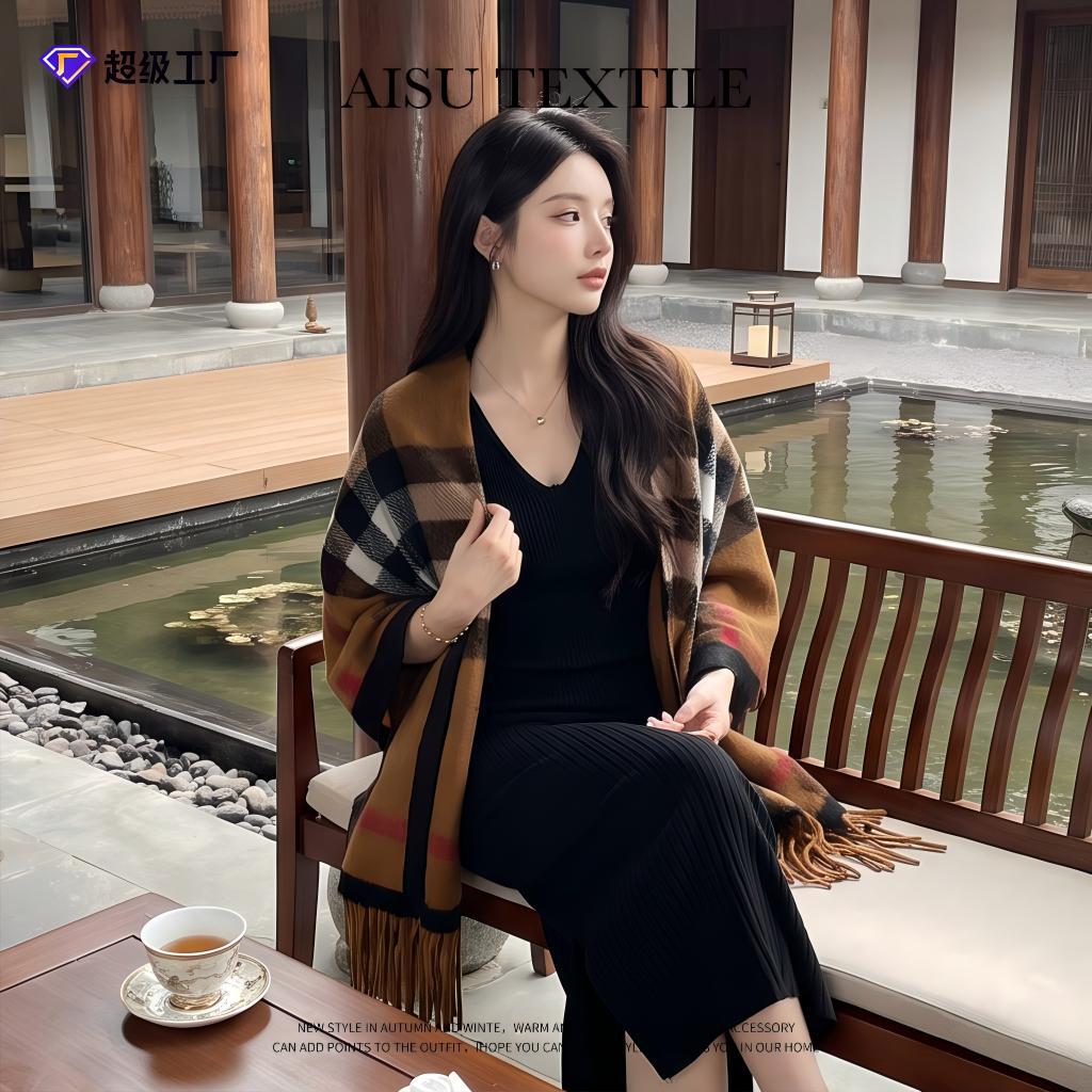 跨境秋冬款仿羊绒围巾女加厚开衫款披肩外搭坎肩提花流苏防风围脖