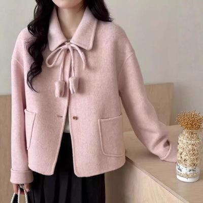 诗美2025秋冬新款小香风娃娃领花朵双面呢子大衣短款感羊毛外套