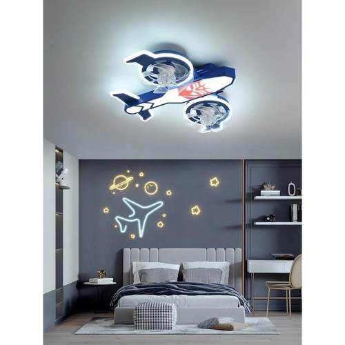 新款直销现代创意儿童房风扇灯飞机造型全光谱led护眼卧室吸顶灯