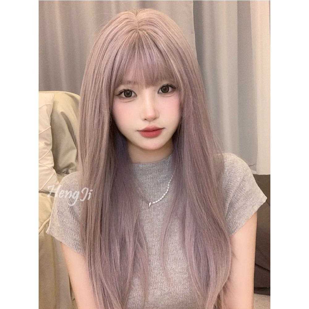 新款直销跨境网红假发女长发韩式女团发型中分中长发紫灰色全头套