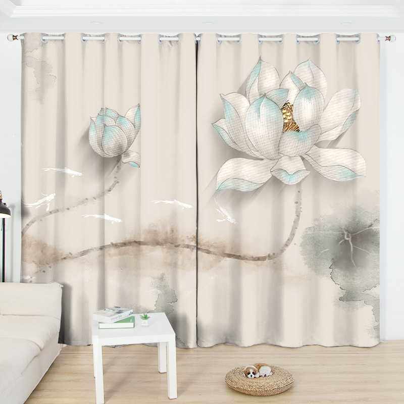 新款直销新款中国风荷花窗帘 客厅卧室书房新中式水墨荷花免打孔