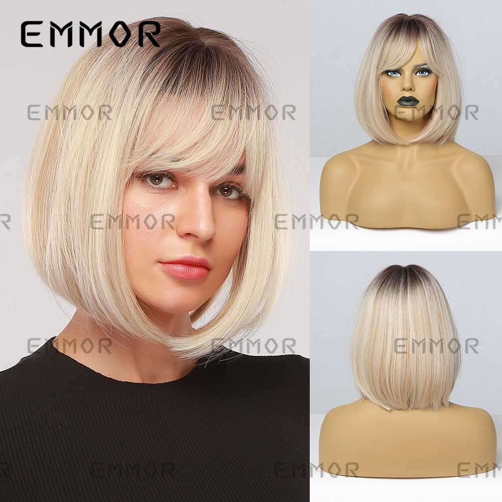 新款直销Emmor亚马逊外贸跨境假发渐变金色短发BOB头化纤发头套短