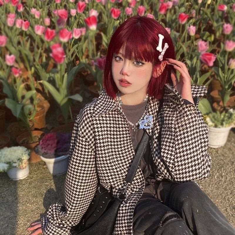 新款直销假发短发女圆脸复古红色头套式网红自然仿真发减龄学生头
