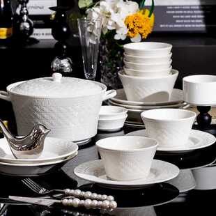 新款直销釉下彩纯白陶瓷餐具套装浮雕风碗碟套装家用餐具礼盒乔迁